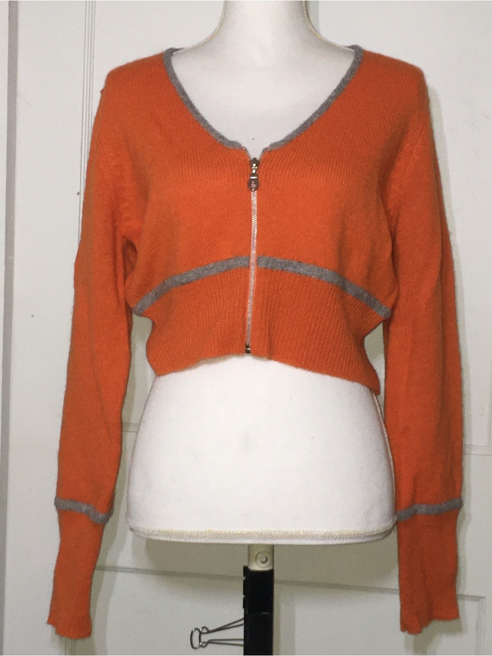 Urban Outfitters Cropped Orange V-Neck Wool Zip Sweater with Gray Trim